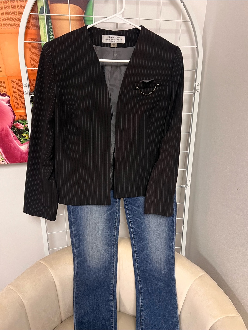 Tahari Black Pinstripe Open-Front Blazer